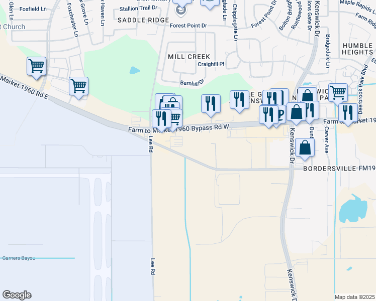 map of restaurants, bars, coffee shops, grocery stores, and more near 7921 Humble Westfield Road in Humble