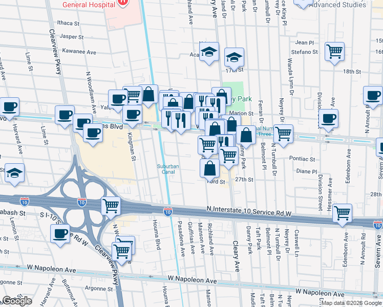 map of restaurants, bars, coffee shops, grocery stores, and more near 4020 Quincy Street in Metairie