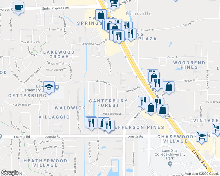 map of restaurants, bars, coffee shops, grocery stores, and more near 15707 Canterbury Forest Drive in Tomball