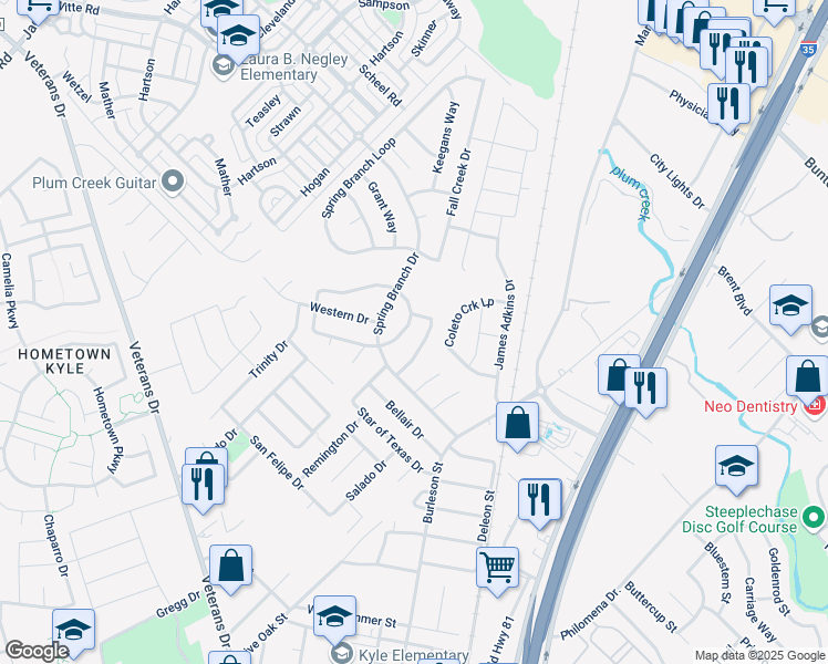 map of restaurants, bars, coffee shops, grocery stores, and more near 109 Rei Tang Loop in Kyle