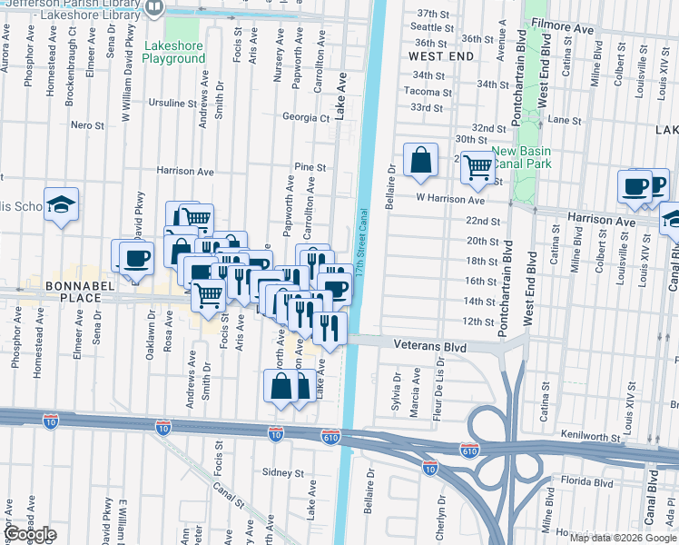 map of restaurants, bars, coffee shops, grocery stores, and more near 109 Raspberry Street in Metairie