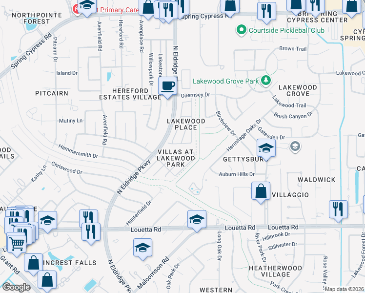 map of restaurants, bars, coffee shops, grocery stores, and more near 12112 Medina Lake Drive in Tomball