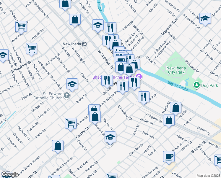 map of restaurants, bars, coffee shops, grocery stores, and more near 301 Julia Street in New Iberia