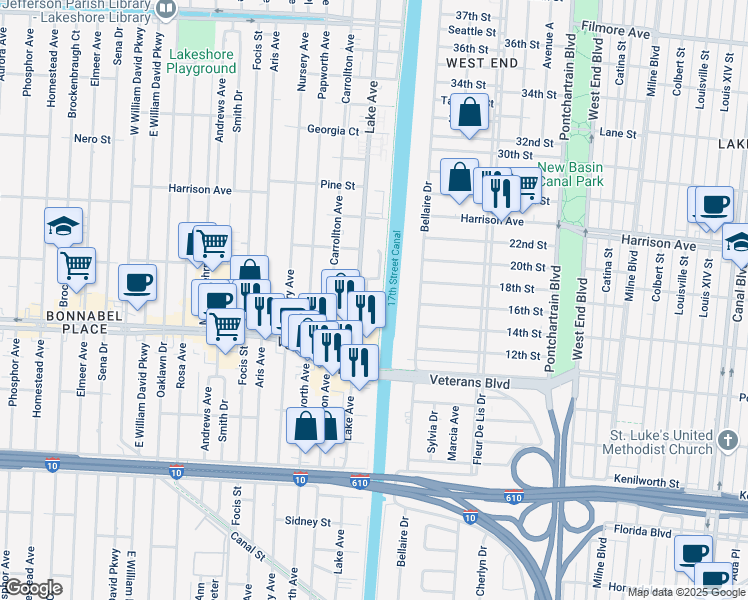 map of restaurants, bars, coffee shops, grocery stores, and more near 105 Raspberry Street in Metairie