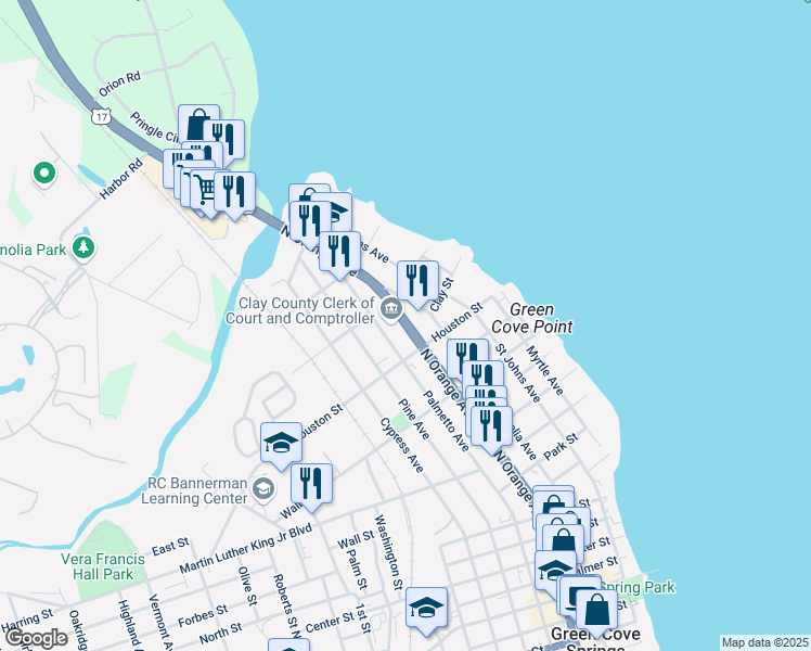 map of restaurants, bars, coffee shops, grocery stores, and more near 701 North Orange Avenue in Green Cove Springs
