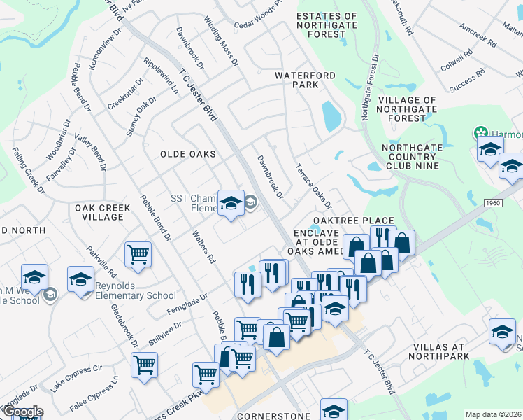 map of restaurants, bars, coffee shops, grocery stores, and more near 15015 T C Jester Boulevard in Houston