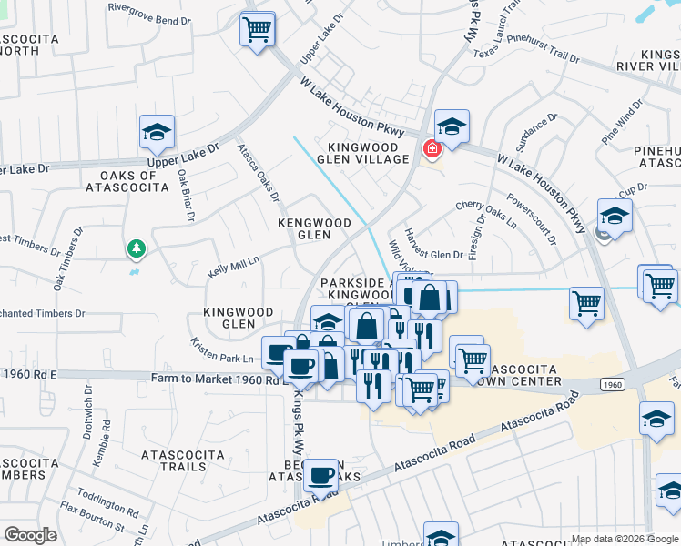 map of restaurants, bars, coffee shops, grocery stores, and more near 6131 Spruce Bough Court in Humble