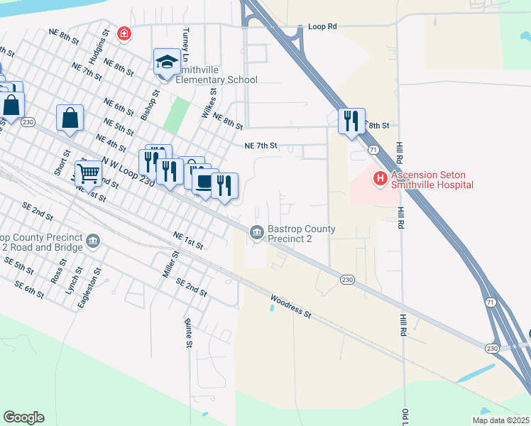 map of restaurants, bars, coffee shops, grocery stores, and more near 126 Bluebonnet Circle in Smithville