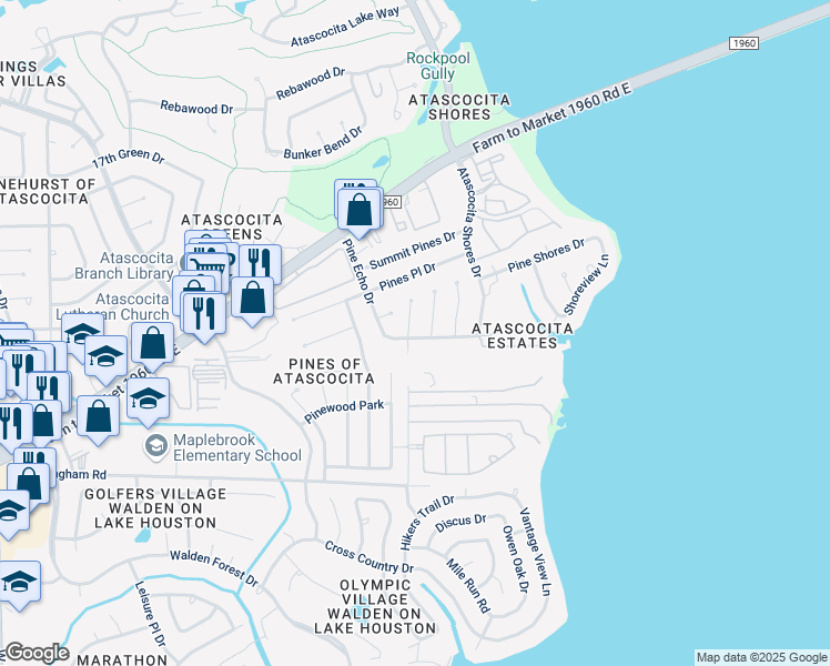 map of restaurants, bars, coffee shops, grocery stores, and more near 19511 Gamble Oak Drive in Humble
