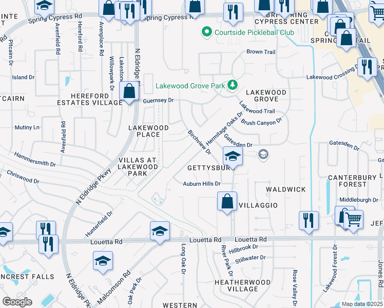 map of restaurants, bars, coffee shops, grocery stores, and more near 15711 Hermitage Oaks Drive in Tomball