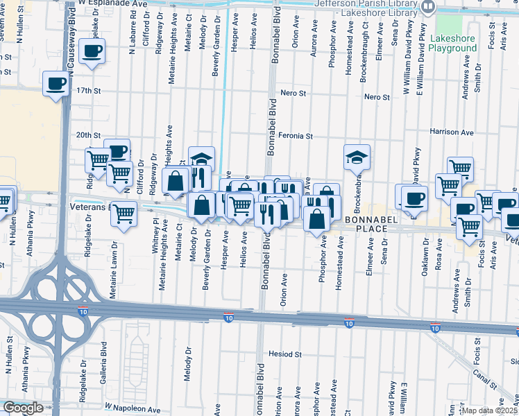 map of restaurants, bars, coffee shops, grocery stores, and more near 835 Bonnabel Boulevard in Metairie