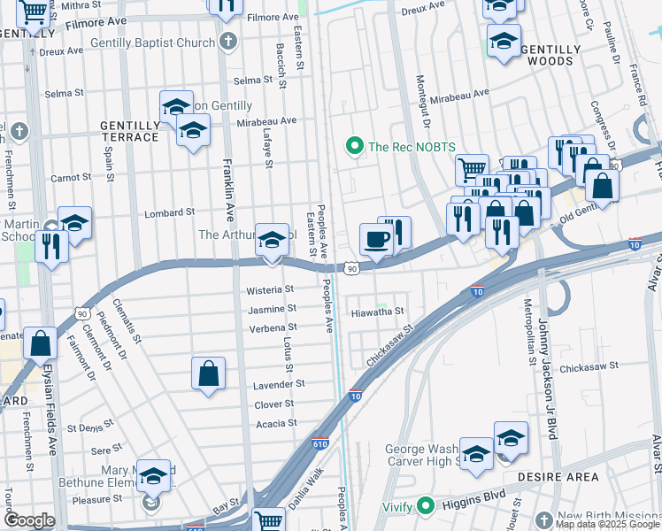 map of restaurants, bars, coffee shops, grocery stores, and more near 3900 Old Gentilly Road in New Orleans