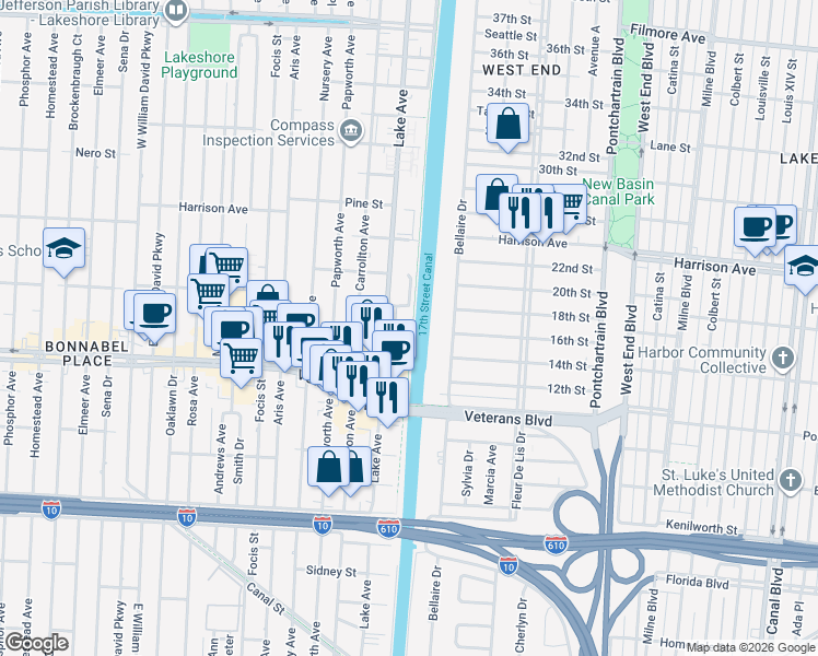 map of restaurants, bars, coffee shops, grocery stores, and more near 1011 Lake Avenue in Metairie