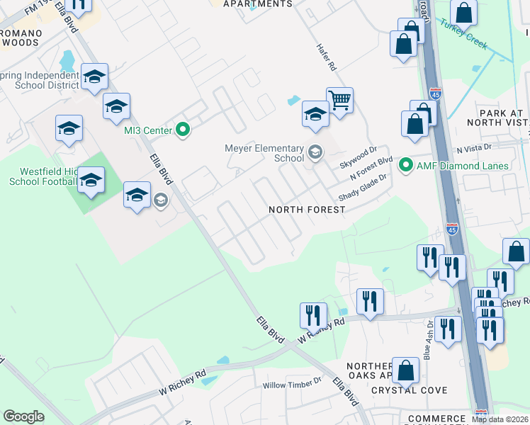 map of restaurants, bars, coffee shops, grocery stores, and more near 16307 Deer Lick Drive in Houston