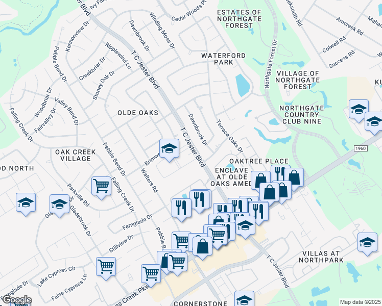 map of restaurants, bars, coffee shops, grocery stores, and more near 15015 T C Jester Boulevard in Houston