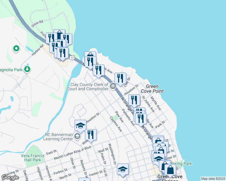 map of restaurants, bars, coffee shops, grocery stores, and more near 825 North Orange Avenue in Green Cove Springs
