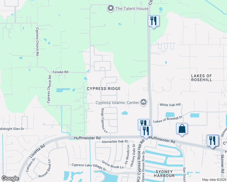 map of restaurants, bars, coffee shops, grocery stores, and more near 18115 Jills Way Lane in Cypress