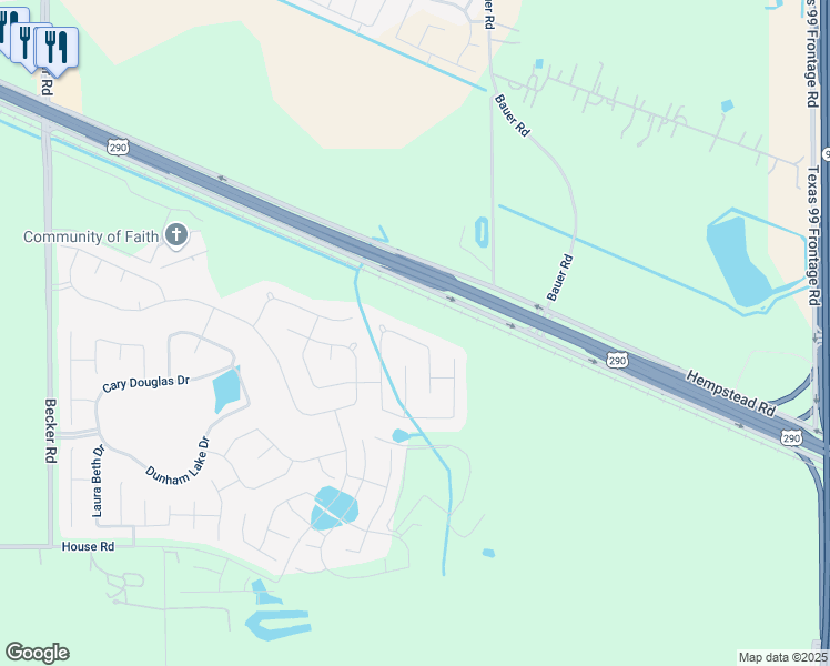 map of restaurants, bars, coffee shops, grocery stores, and more near 31234 Roos River Drive in Hockley