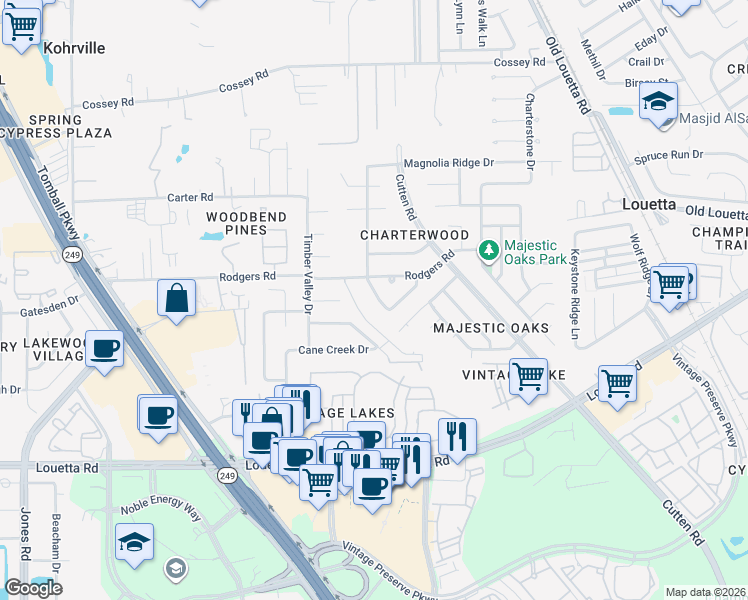 map of restaurants, bars, coffee shops, grocery stores, and more near 16025 Sugar Tree Drive in Houston