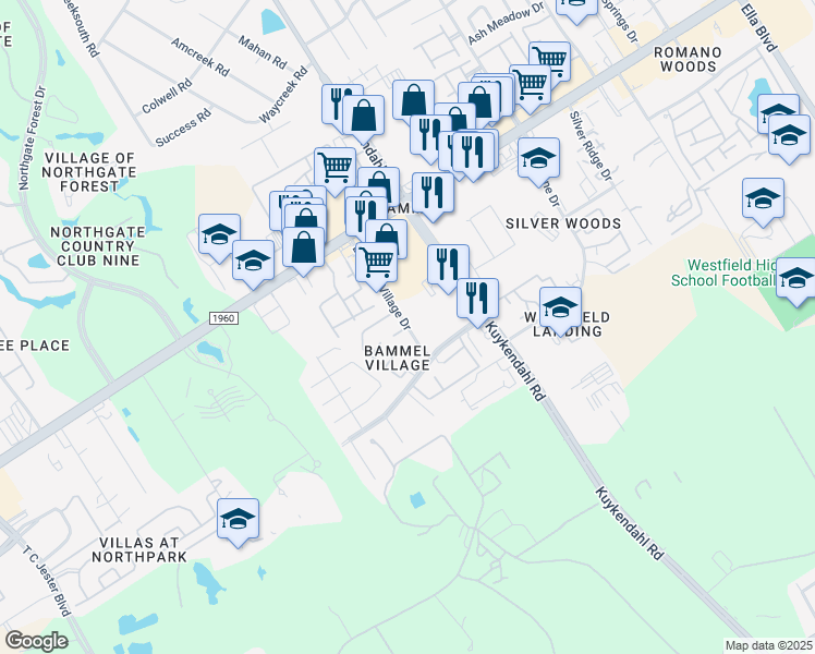 map of restaurants, bars, coffee shops, grocery stores, and more near 15774 Bammel Village Drive in Houston