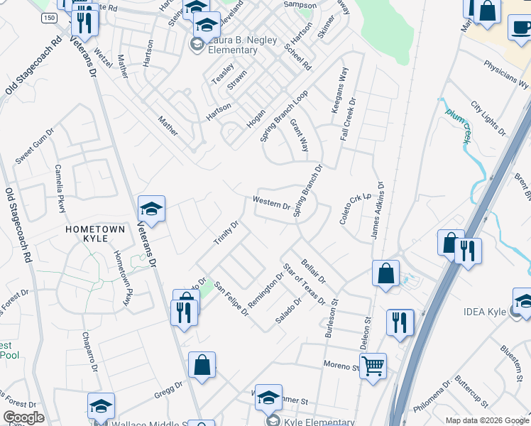 map of restaurants, bars, coffee shops, grocery stores, and more near 224 Jim Miller Drive in Kyle