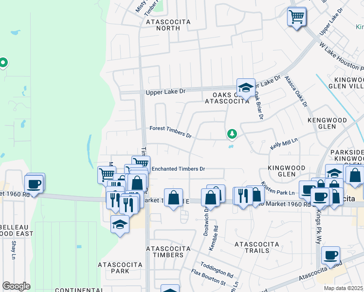 map of restaurants, bars, coffee shops, grocery stores, and more near 5519 Mossy Timbers Drive in Humble