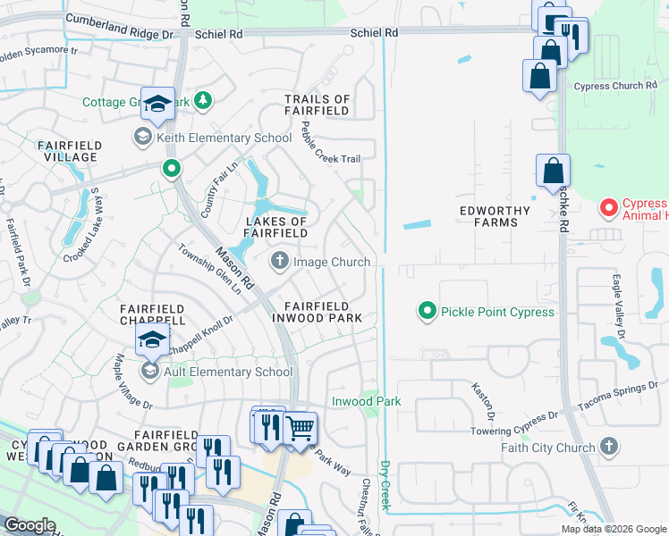 map of restaurants, bars, coffee shops, grocery stores, and more near 20007 Maple Village Drive in Cypress