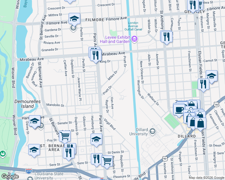 map of restaurants, bars, coffee shops, grocery stores, and more near 4355 Van Avenue in New Orleans