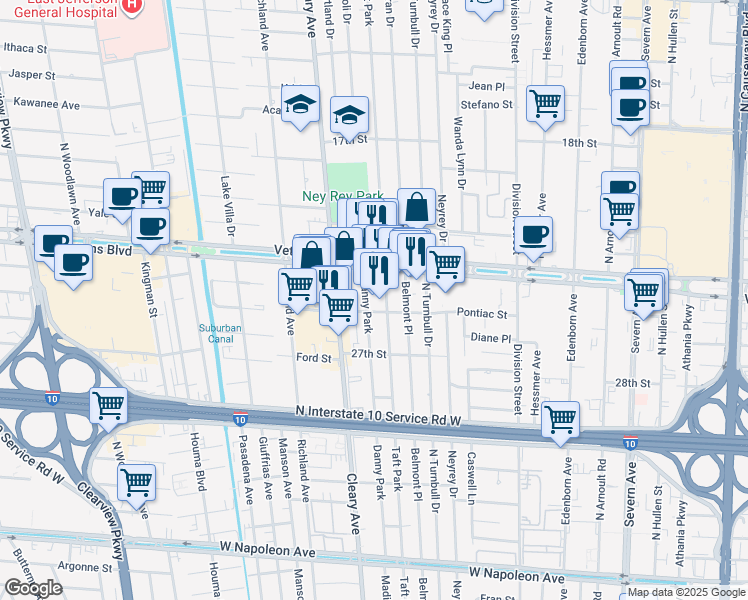 map of restaurants, bars, coffee shops, grocery stores, and more near 3225 Danny Park in Metairie