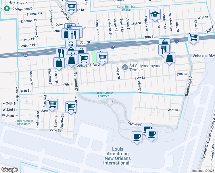 map of restaurants, bars, coffee shops, grocery stores, and more near 2622 Panama Street in Kenner