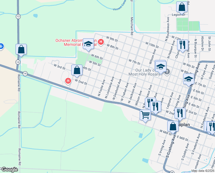 map of restaurants, bars, coffee shops, grocery stores, and more near 208 North Louisiana Avenue in Kaplan