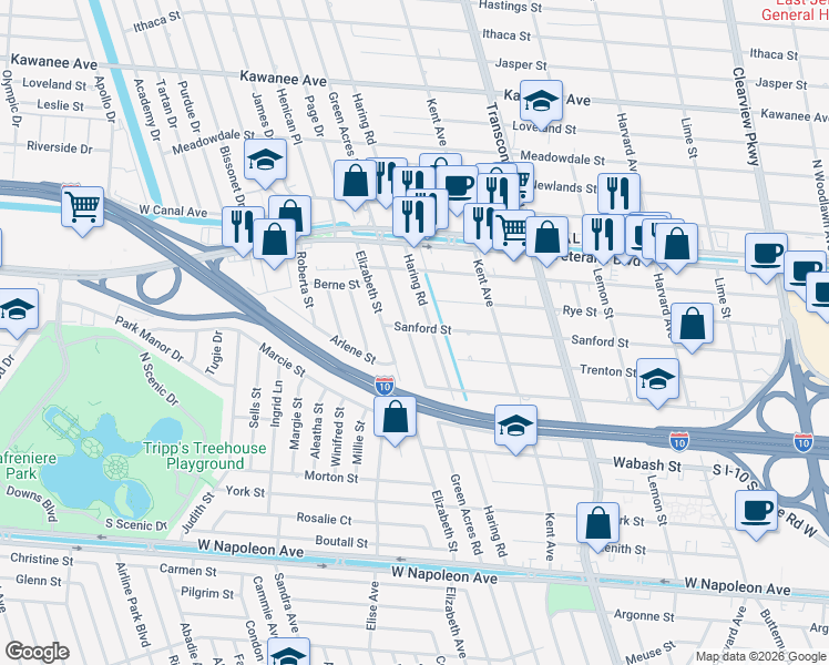 map of restaurants, bars, coffee shops, grocery stores, and more near 2917 Green Acres Road in Metairie