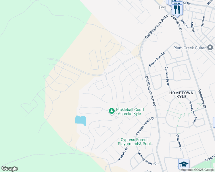 map of restaurants, bars, coffee shops, grocery stores, and more near 121 Mineral River Loop in Kyle