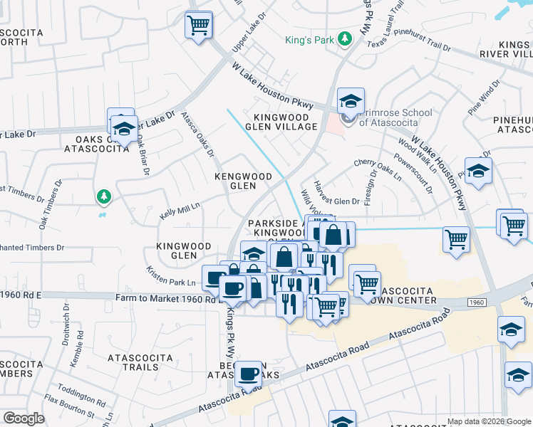 map of restaurants, bars, coffee shops, grocery stores, and more near 6138 Spruce Bough Court in Humble