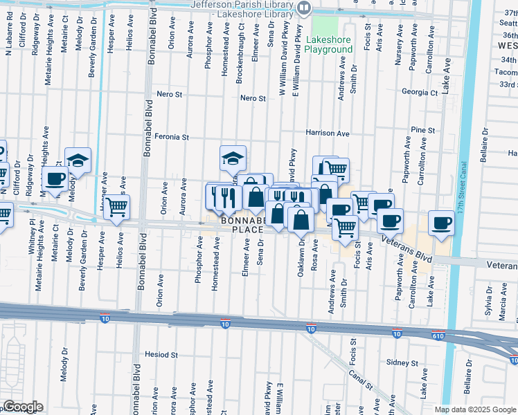 map of restaurants, bars, coffee shops, grocery stores, and more near in Metairie