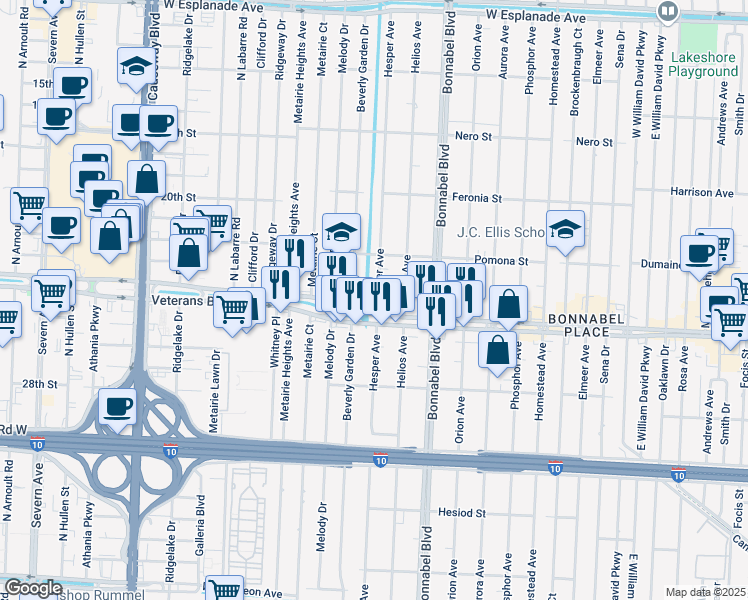 map of restaurants, bars, coffee shops, grocery stores, and more near 812 Hesper Avenue in Metairie