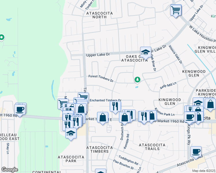 map of restaurants, bars, coffee shops, grocery stores, and more near 5519 Mossy Timbers Drive in Humble