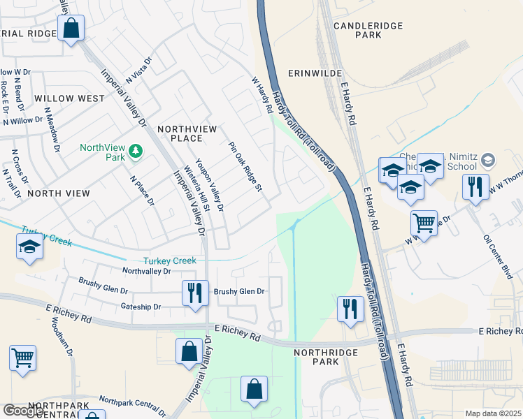 map of restaurants, bars, coffee shops, grocery stores, and more near 1219 Piedmont Creek Trail in Houston