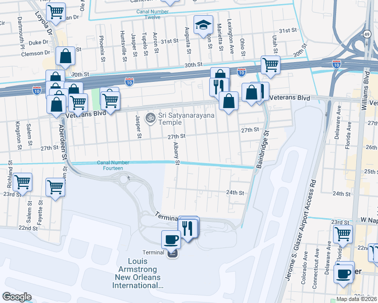 map of restaurants, bars, coffee shops, grocery stores, and more near 2618 Dawson Street in Kenner