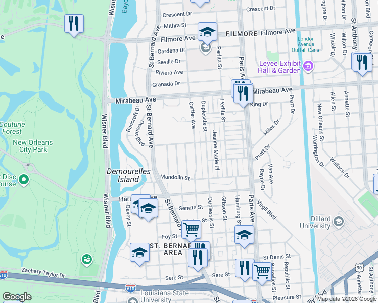 map of restaurants, bars, coffee shops, grocery stores, and more near 4369 Randolph Avenue in New Orleans
