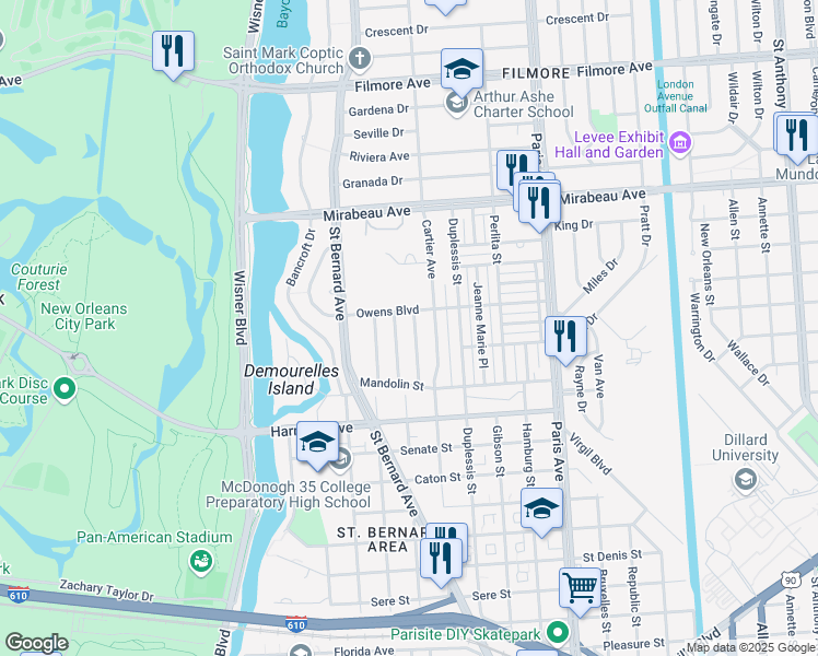 map of restaurants, bars, coffee shops, grocery stores, and more near 4369 Randolph Avenue in New Orleans
