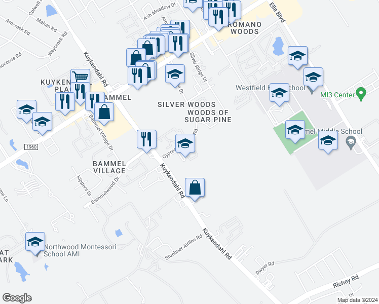 map of restaurants, bars, coffee shops, grocery stores, and more near 2200 Cypress Landing Road in Houston