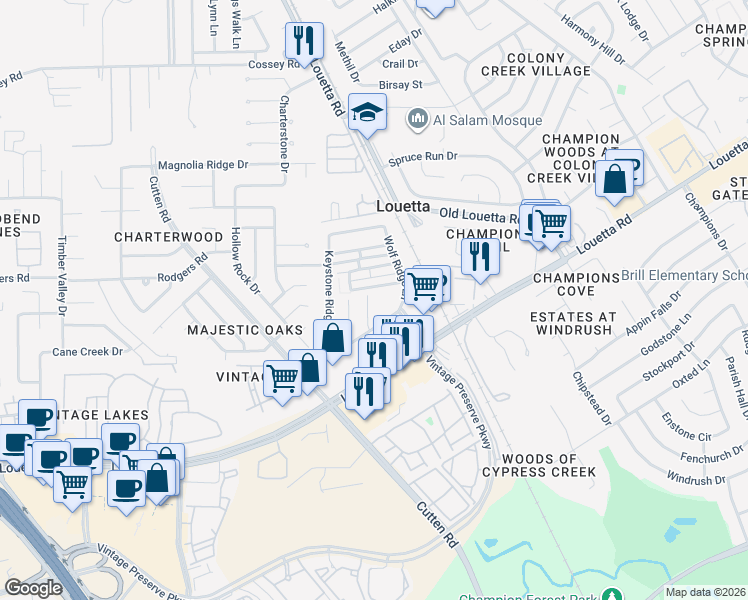 map of restaurants, bars, coffee shops, grocery stores, and more near 15918 Mustang Mountain Court in Houston