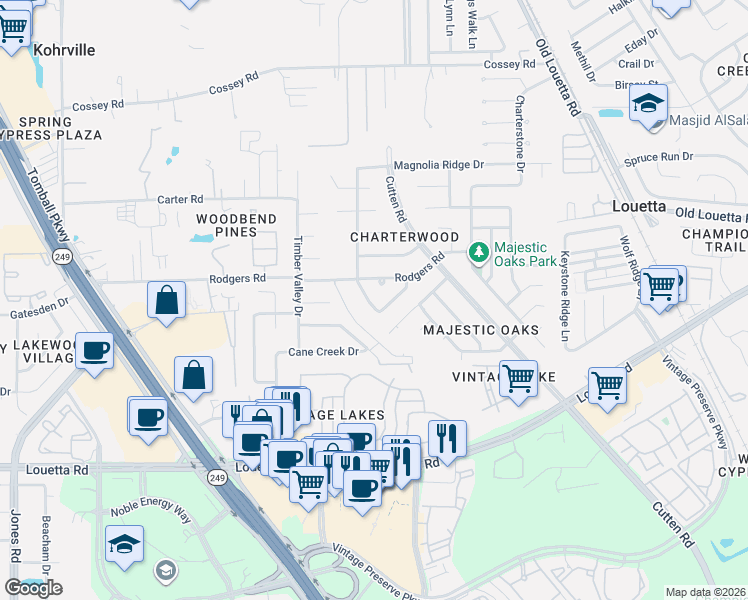 map of restaurants, bars, coffee shops, grocery stores, and more near 16025 Sugar Tree Drive in Houston