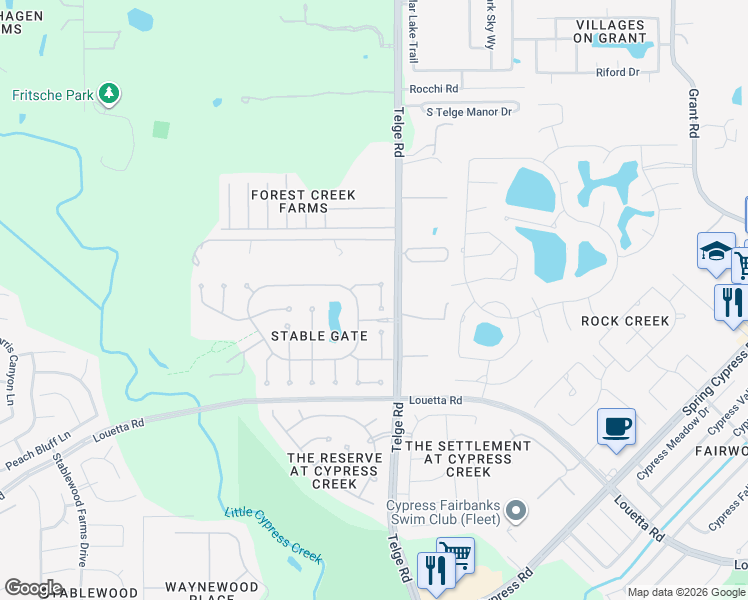 map of restaurants, bars, coffee shops, grocery stores, and more near 15611 Mustang Creek Circle in Cypress