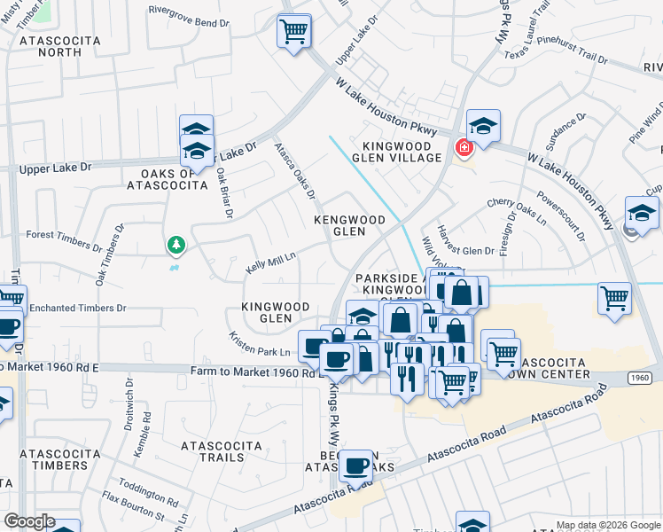 map of restaurants, bars, coffee shops, grocery stores, and more near 19326 Timber Tree Court in Humble