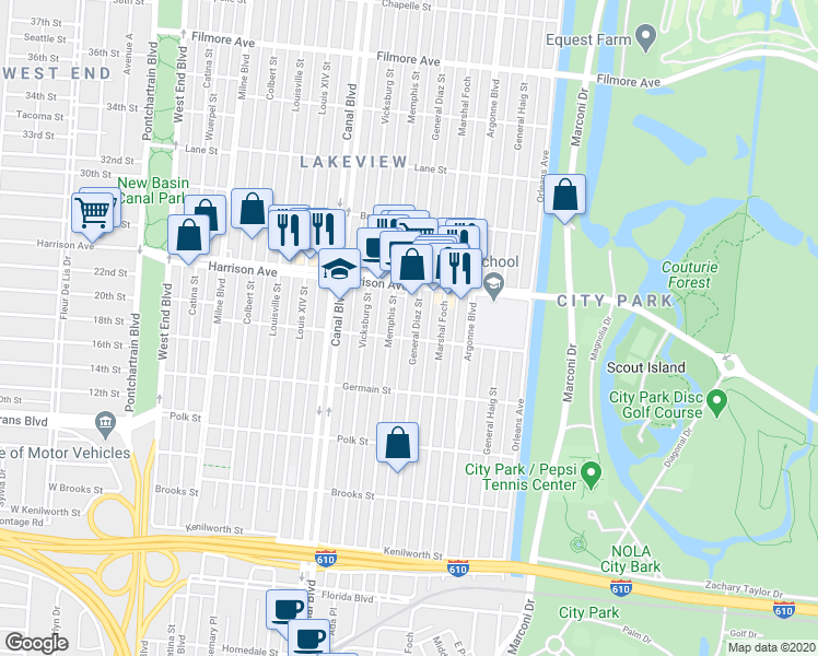 map of restaurants, bars, coffee shops, grocery stores, and more near 6220 General Diaz Street in New Orleans