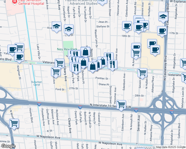 map of restaurants, bars, coffee shops, grocery stores, and more near 3780 Veterans Memorial Boulevard in Metairie