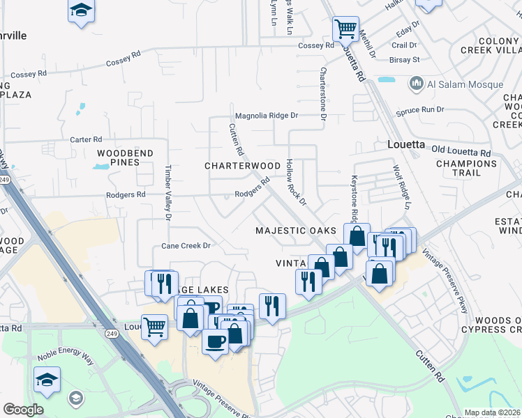 map of restaurants, bars, coffee shops, grocery stores, and more near 16039 Lausanne Drive in Houston