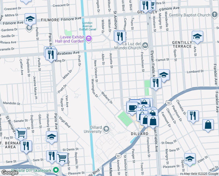 map of restaurants, bars, coffee shops, grocery stores, and more near 1919 Stephen Girard Street in New Orleans